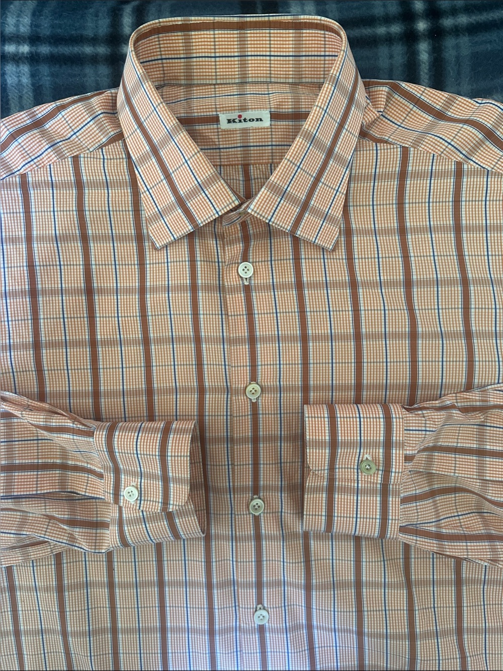 Kiton Multicolor Check Orange Brown Blue Accents Men’s Dress Shirt Size 18.5/46